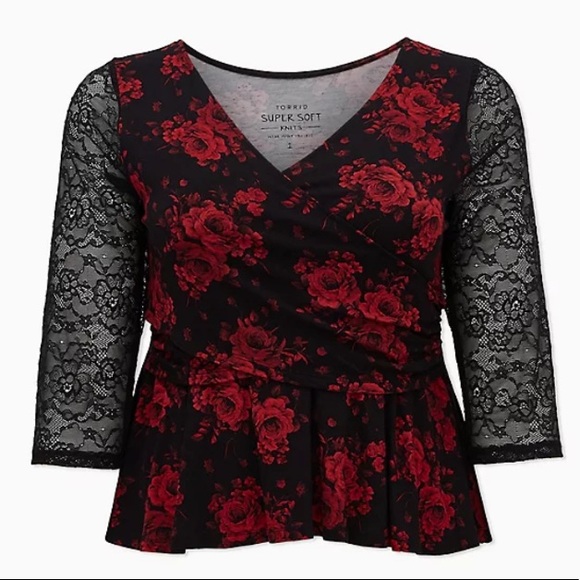 Torrid Super Soft Black Roses Lace Surplice Midi Top - Picture 3 of 15